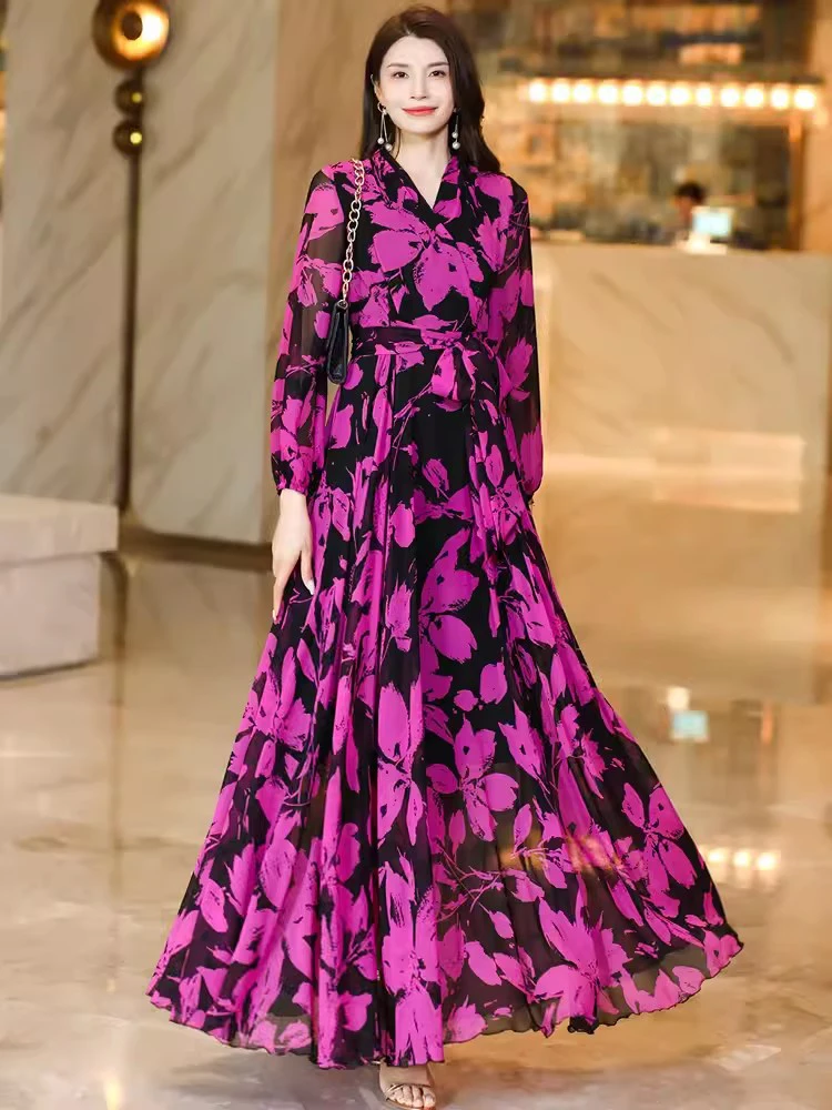 New Women Summer Long Floral Dress Fashion V-Neck Long Sleeve Slim Waist Print Dress Elegant Ankle-Length Holiday Dress