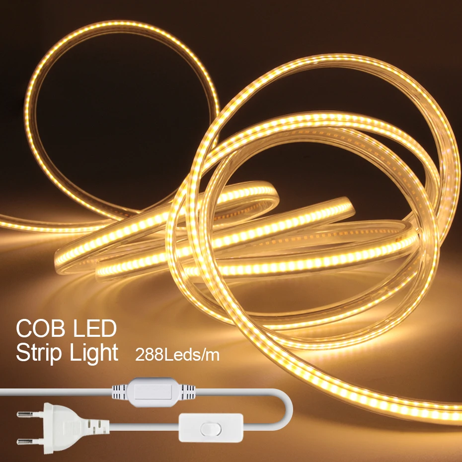 

AC 220V COB Strip With ON/OFF Switch Warm Natural White IP65 Waterproof Home Decor Flexible Ribbon LED Neon Tape Light 1M-50M