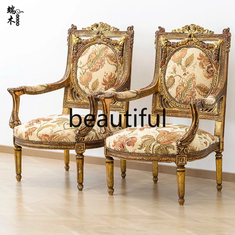 

French retro solid wood carving flower single sofa chair gold old fabric studio armrest reception chair sofa