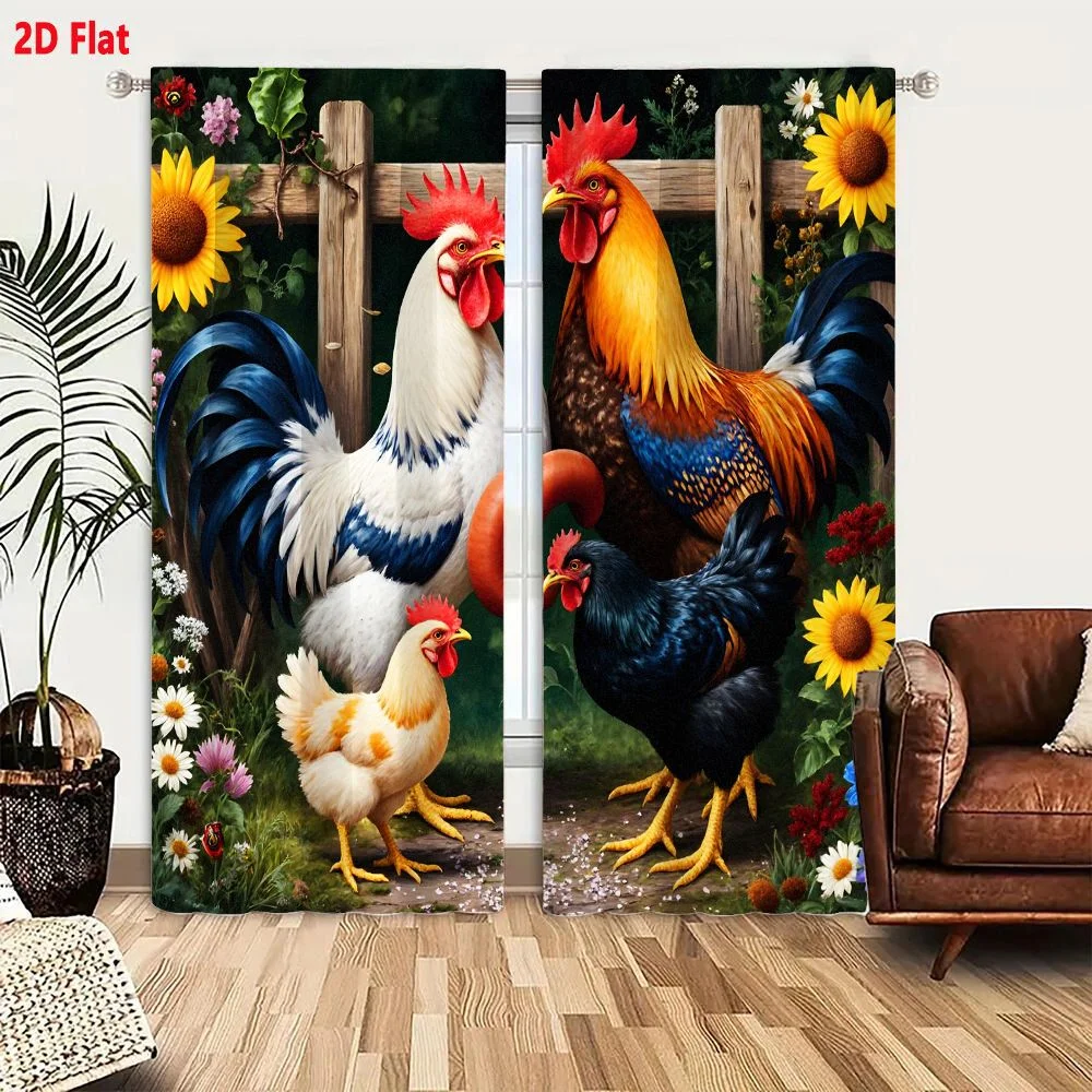 2Pcs Curtains Four Colorful Chickens In Lush Garden With Sunflowers And Wooden Fence Window Drapes for Bedroom Room Decor Decora