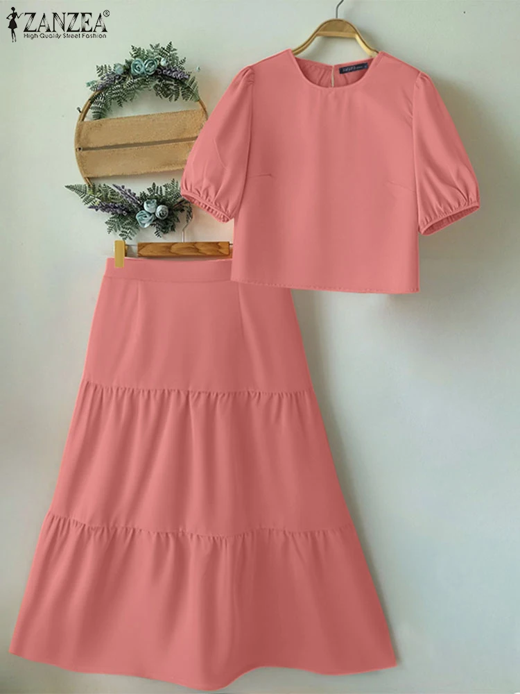 

ZANZEA Casual Elegant Women Skirt Sets Short Puff Sleeve Crop Tops A-line Tiered Skirts Holiday 2PCS Outfits Summer Solid Suits