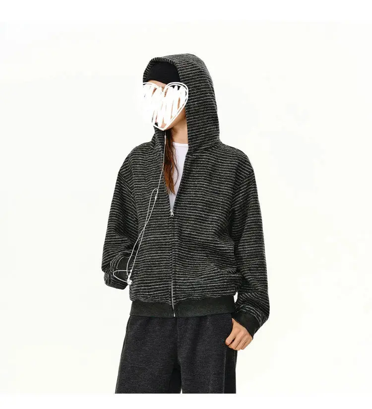 Spring Autumn Striped Zipper Hooded Sweatshirt Jacket 2025 Women's New Top Fashionable Casual Loose American Style Cardigan