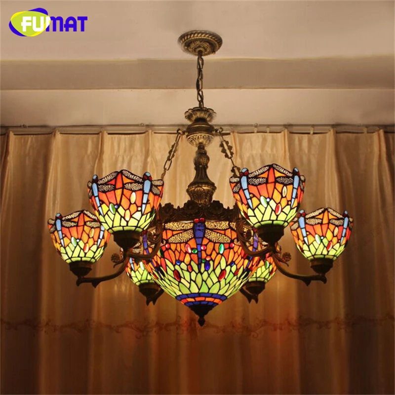 

FUMAT Tiffany Chandelier Dragonflies Shape European Vintage Glass Suspension Light Bar Hotel Cafe Hanging Lamp Indoor Lampe