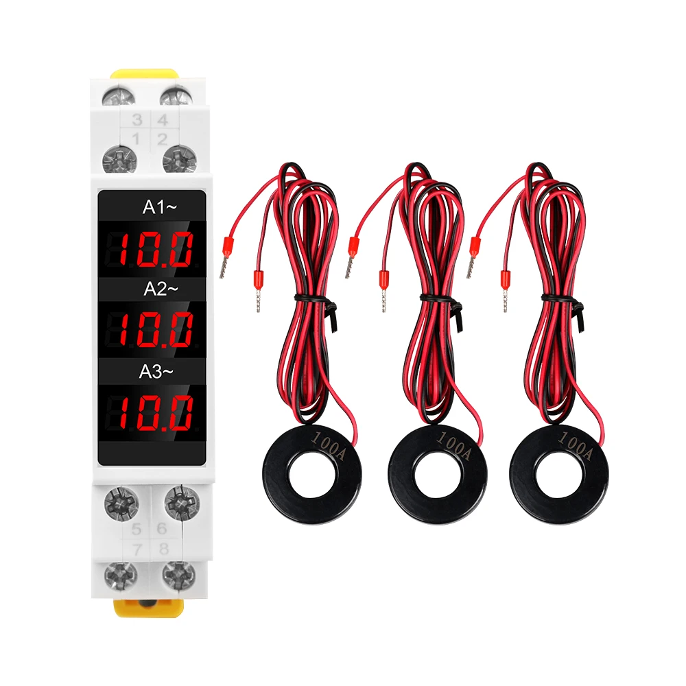 SDM010A DIN-Rail 3-Phase LED Digital AC Ammeter AC 80-500V 1-100A Din 35mm Standard DIN Rail