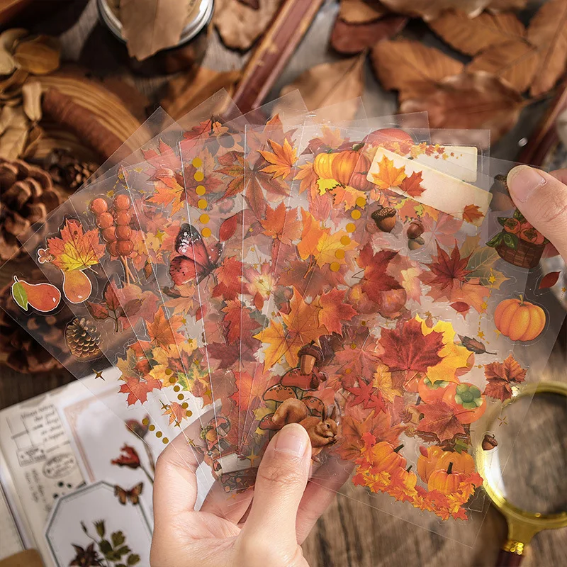 8 pcs Vintage autumn forest theme waterproof PET hand tent sticker bag diy material paper stickers Junk Journal Supplies