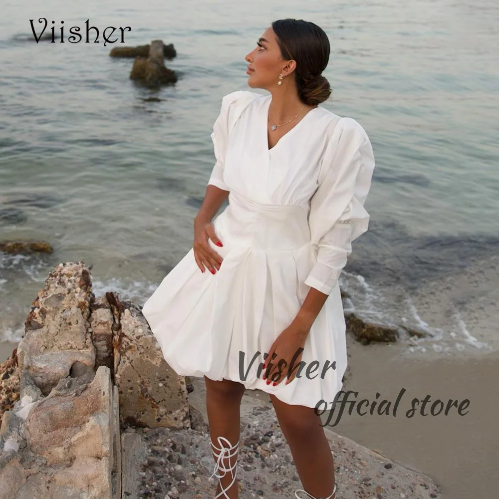 Viisher White Beach Short Wedding Party Dresses Pleats Satin 3/4 Sleeve Bride Dress Simple Wedding Bridesmaid Gowns Lace Up Back