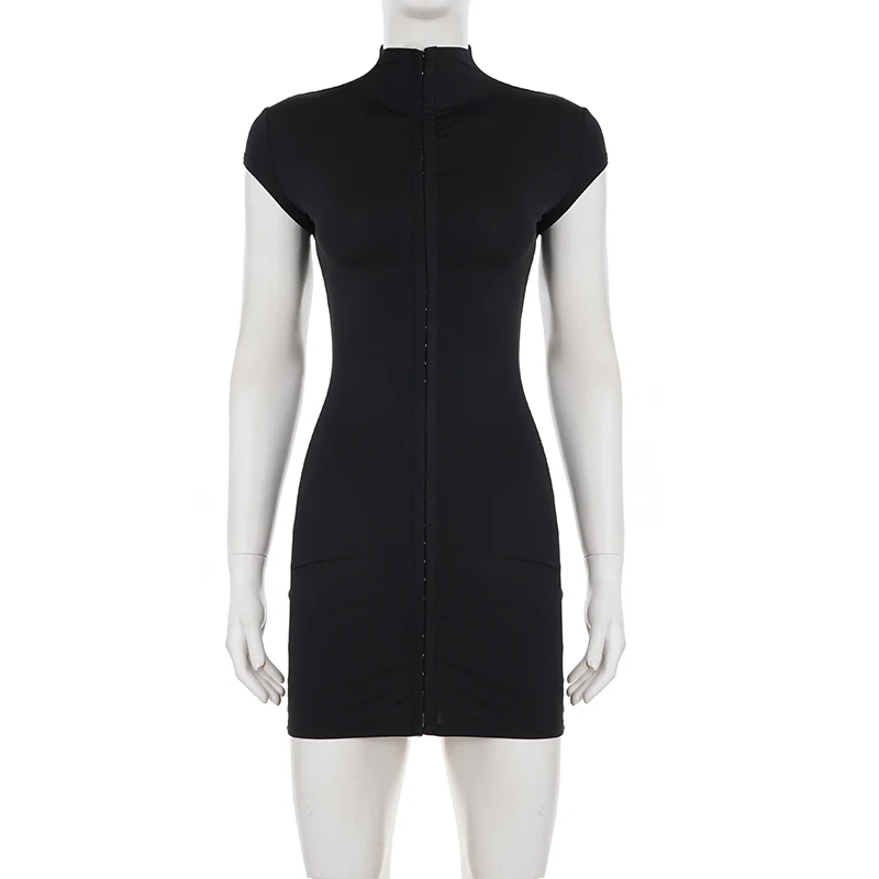 SUCHCUTE Sexy schwarzes, ausgehöhltes Minikleid für Damen, Rollkragenpullover, kurze Ärmel, schmale Roben, elegante, figurbetonte Kleider, schicke Club-Outfits – Detail 5