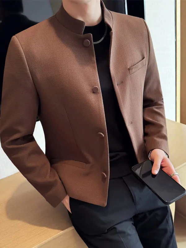 

Новая мужская куртка в китайском стиле с воротником-стойкой, осенняя повседневная приталенная верхняя одежда, модная городская модель из полиэстера с длинными рукавами