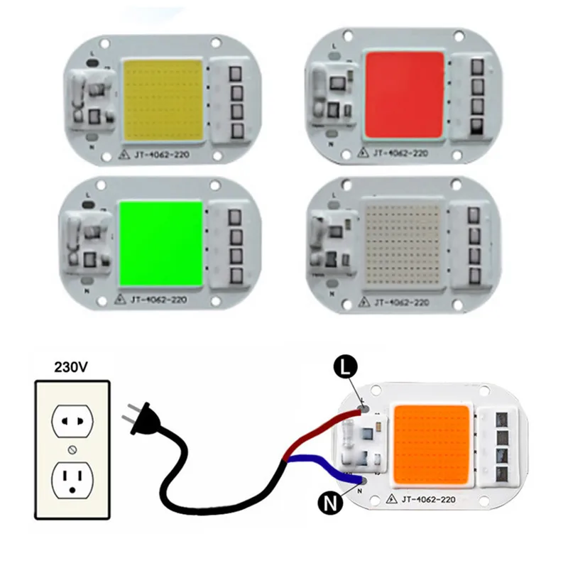 

20PCS LED COB Hight Power 50W AC 220V Red Blue Green Lamp Chip Smart IC Fit For DIY Driverless Integrated Driver For Flood Light