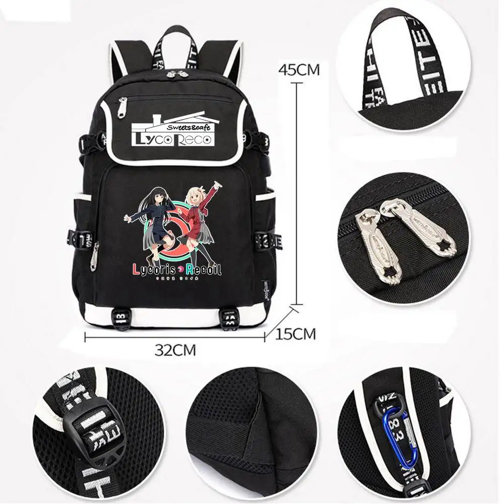 Anime Lycoris Recoil Backpacks Black Shoulder Bags Men Women Backpacks USB Rucksack Travel Bags Casual Teens School Bags