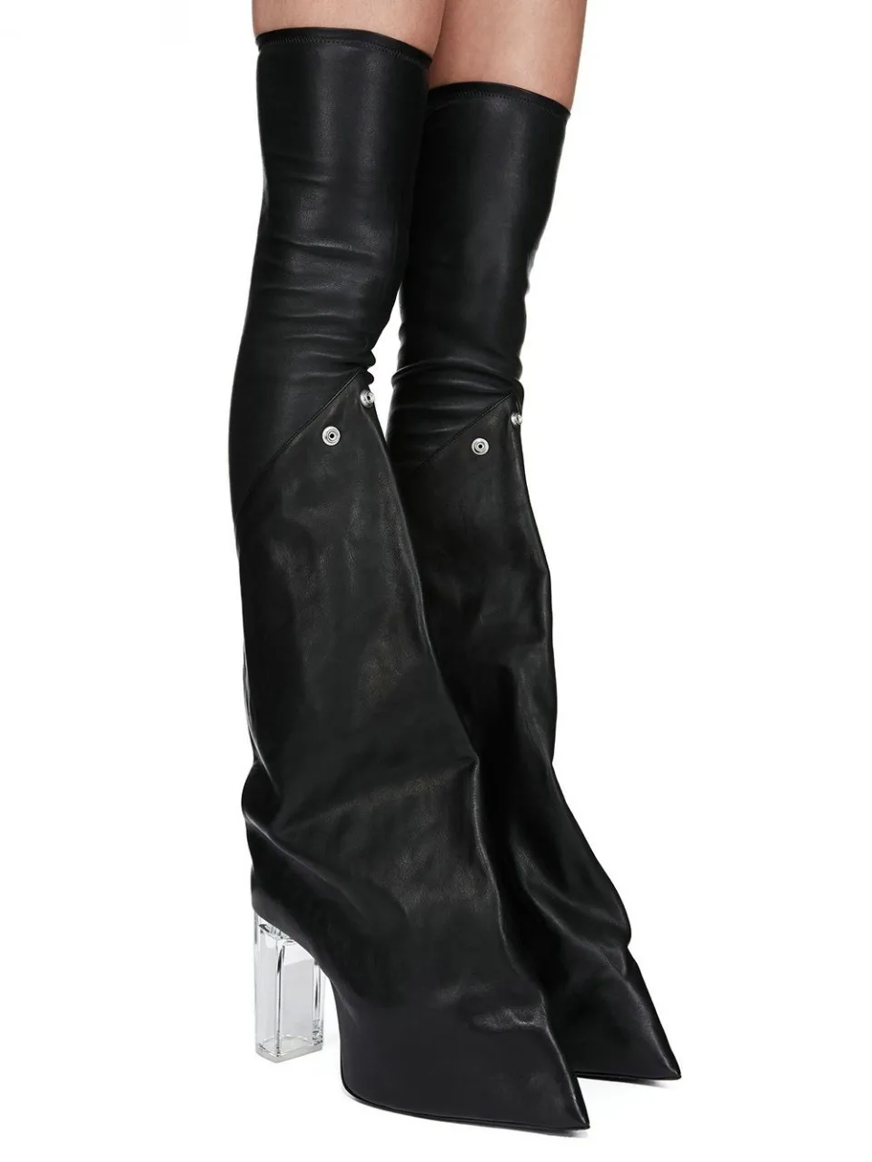 Two-Way Wear Sold Pointed Toe Over-The-Knee Women Boots Transparent Chunky High Heels Buttom Design Large Size Shoes