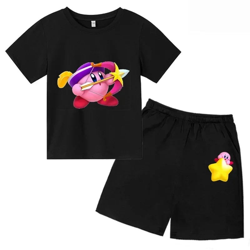 Anime Kawaii Super Cute Star Kabi Cartoon Children's Kirby Clothing T-Shirt Set Summer Short-Sleeved Kids Fashion Home Gift