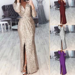 Women Deep V Neck Sequin Dress with Slit Long Sleeve Club Party Evening Dress For Women Lady B99