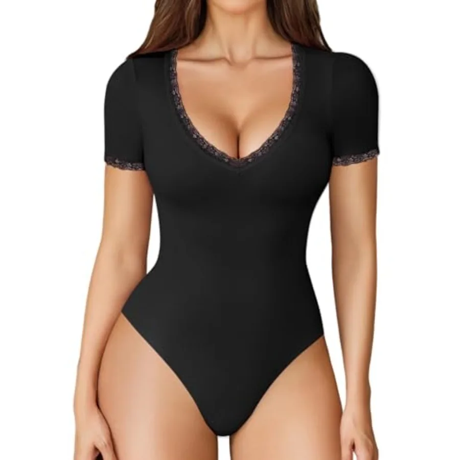 

Avidlove Short Sleeve Bodysuit for Women Lace V Neck Body Suits Double Lined Bodysuits Sexy Going Out Top