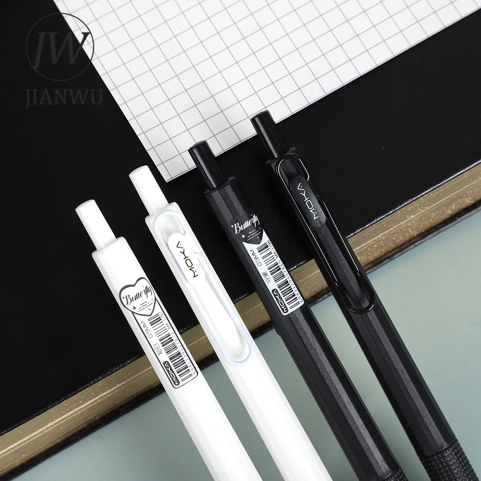 JIANWU 6 Pcs/set Black White Press Gel Pen Set 0.5mm Black Write Smoothly Creative DIY Journal Student Supplies Stationery