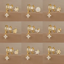 3PCS Mini Zircon Ear Hoop Earrings Sets For Women Cartilage Stainless Steel Huggies Flower Helix Piercing Jewelry Statement Gift