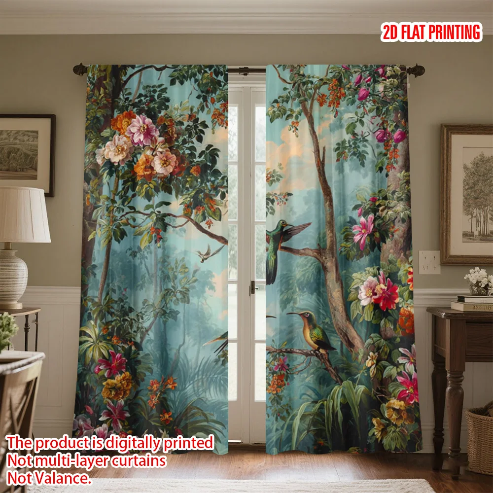 

2pcs 2D flat printing Window Curtains Forest Bird and Floral 100% Polyester Without Electricity Birthday Party for Photo Booth