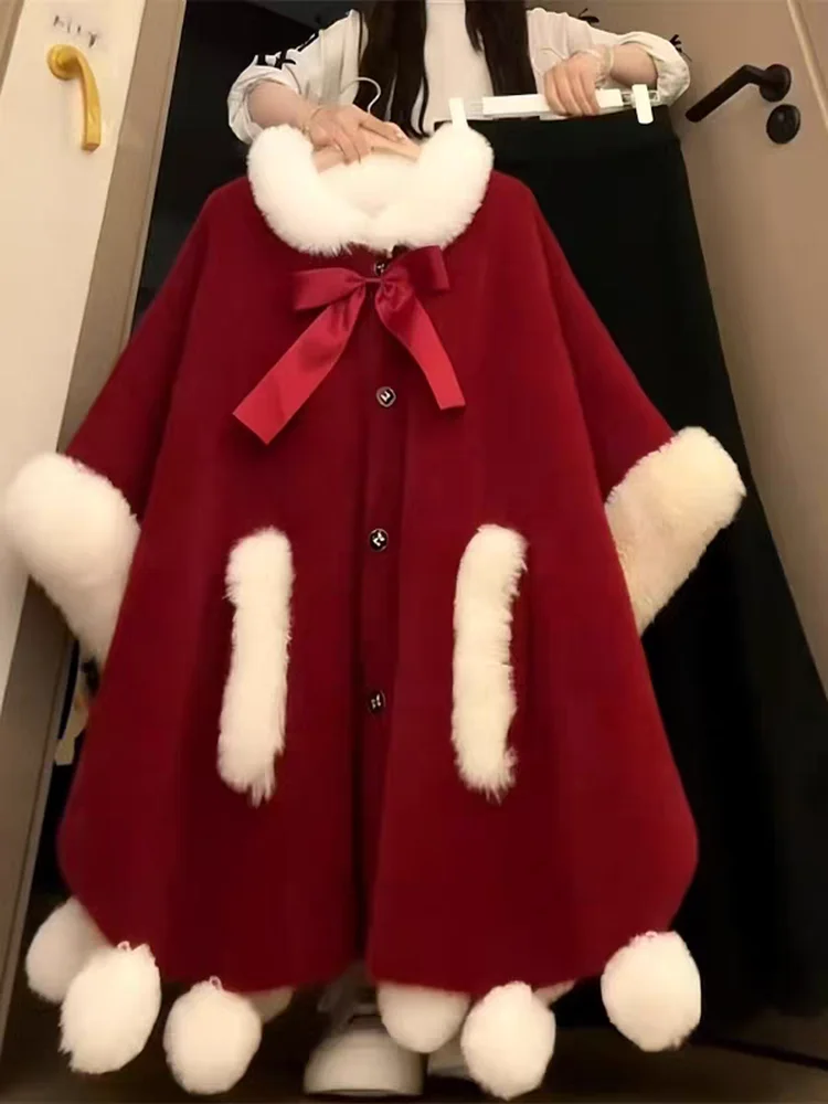 

Red Fur Collar Cloak Shoulder Wrap Outerwear Women's Winter New Style Plush Collar Coat New Year's Outfit Battle Dress
