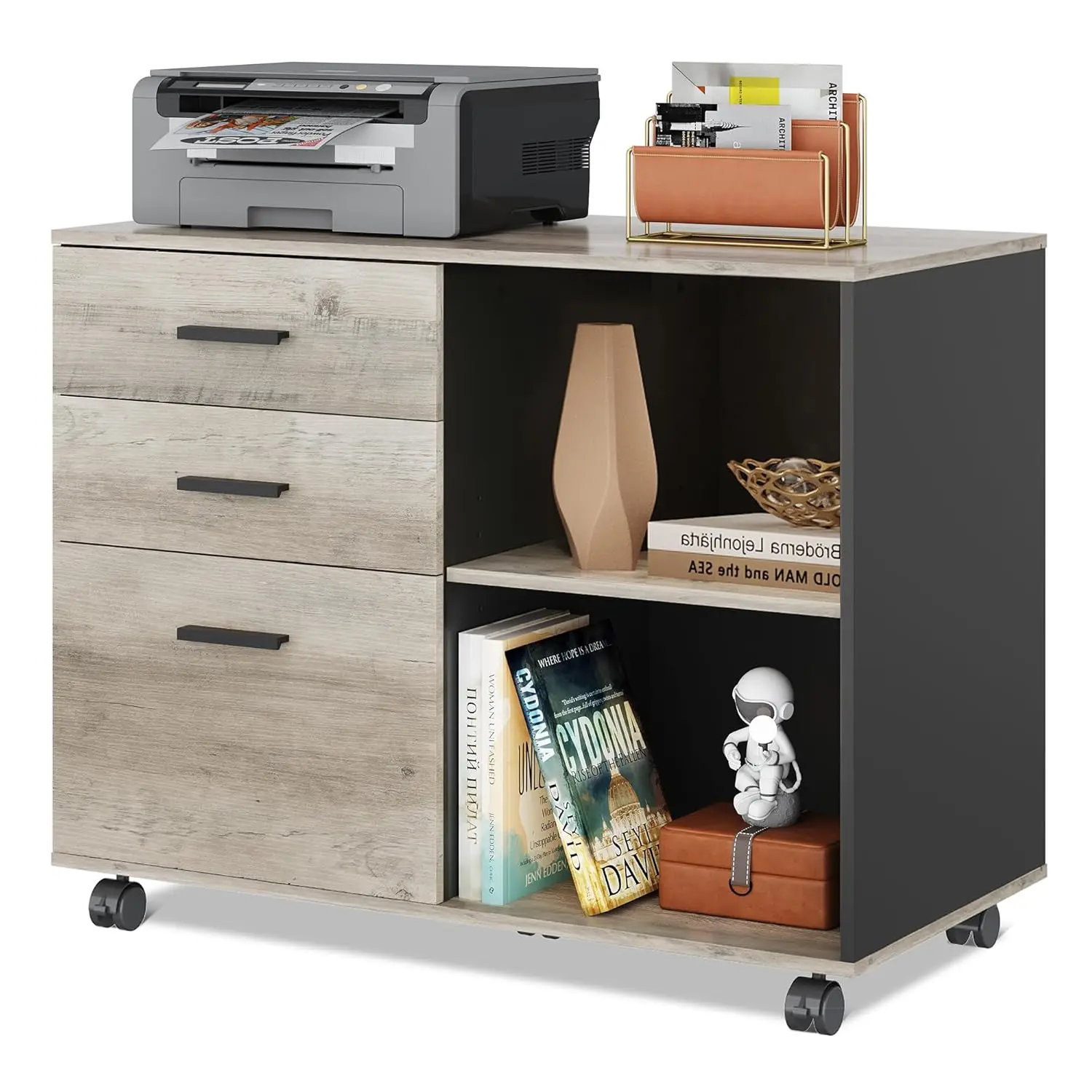 

3 Drawer Mobile File Cabinet, Wood Lateral Filing Cabinet, Printer Stand with Open Shelves for Home Office, Greige