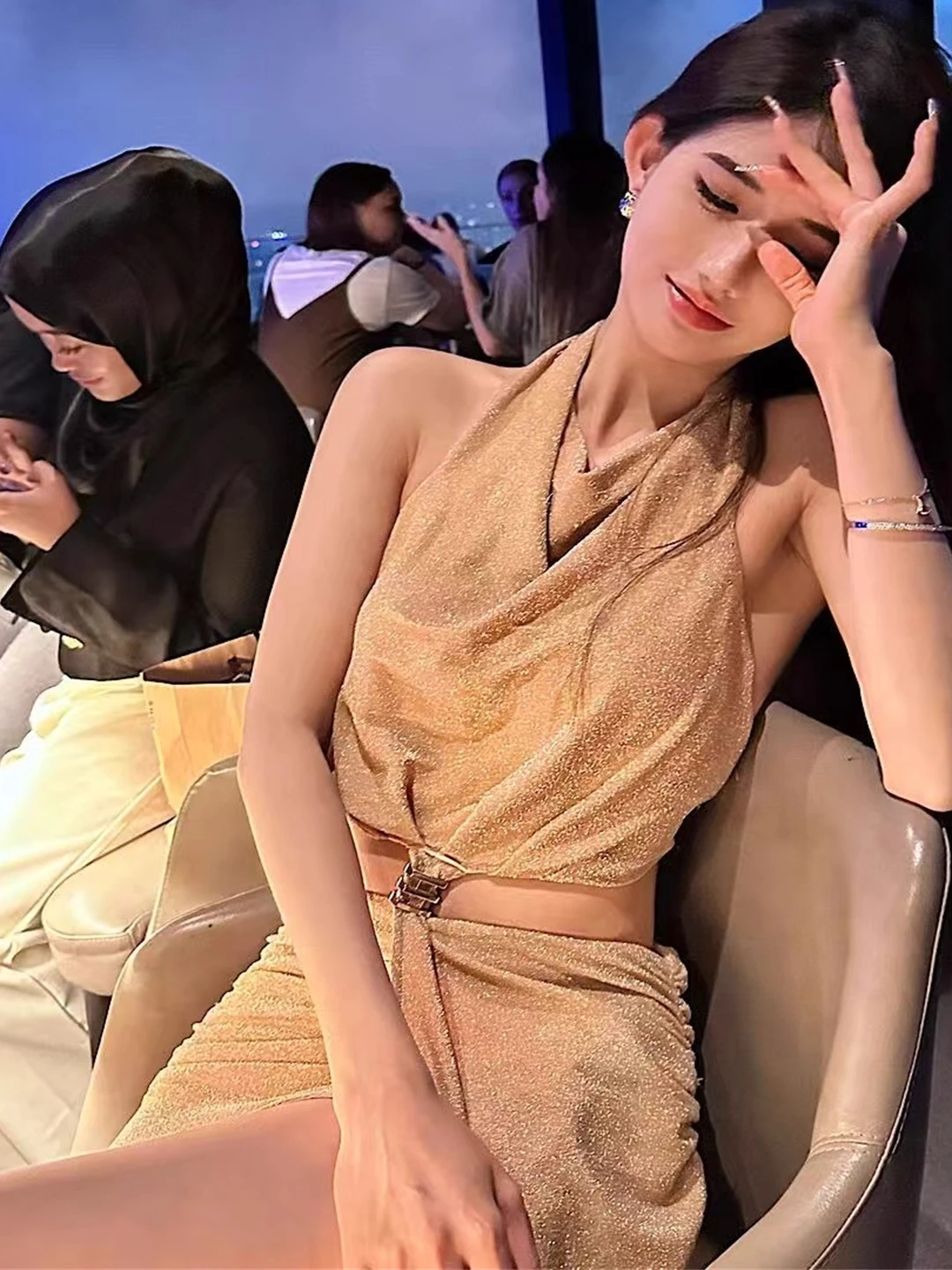 

Изысканное вечернее платье Ele Golden с вырезами, высокой талией и длинными рукавами для женщин, роскошное, для свадебных торжеств