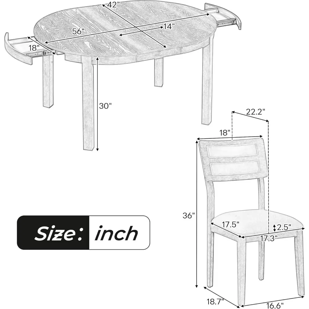 Conjunto de mesa de jantar redonda para 4 pessoas, mesa de cozinha extensível de 5 peças e conjunto de 4 com 4 cadeiras estofadas e 2 gavetas