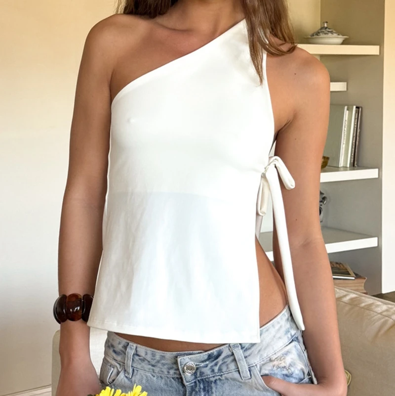 Women One Shoulder Open Back Tank Top Side Bow Tie Sleeveless Slim Cropped Cami Y2K Minimalist Going Out Summer Casual Vest