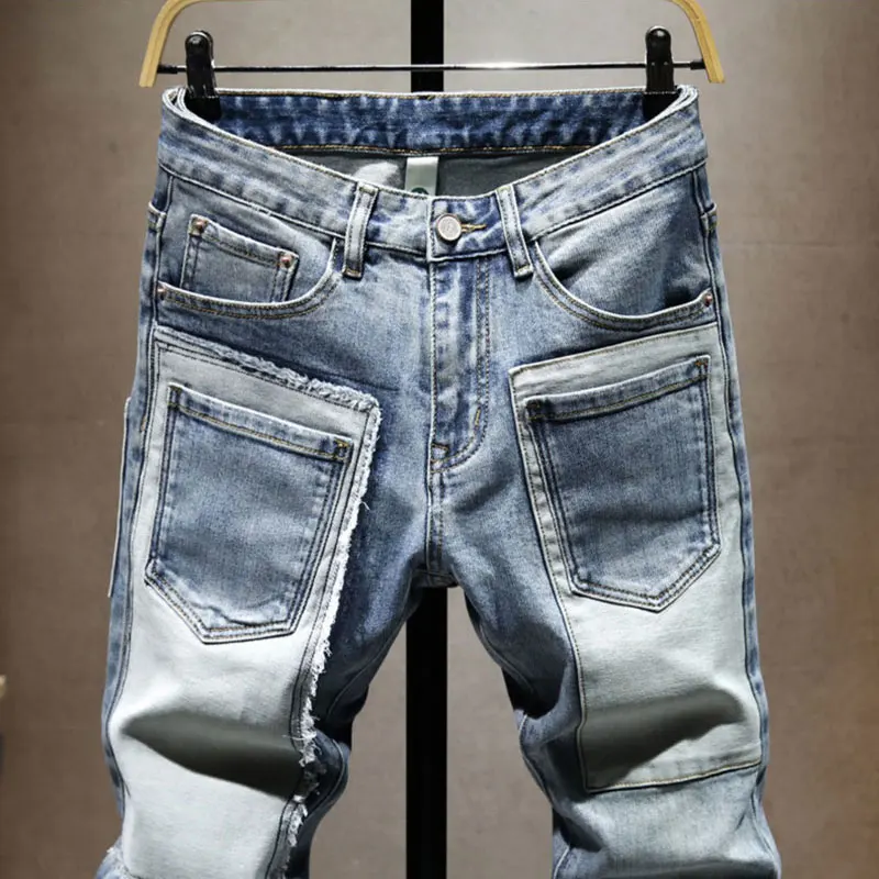Pantalones vaqueros de diseñador callejero a la moda para hombre, pantalones vaqueros rasgados con parches ajustados elásticos de Retro Azul, pantalones vaqueros Vintage de Hip Hop con múltiples bolsillos para hombre