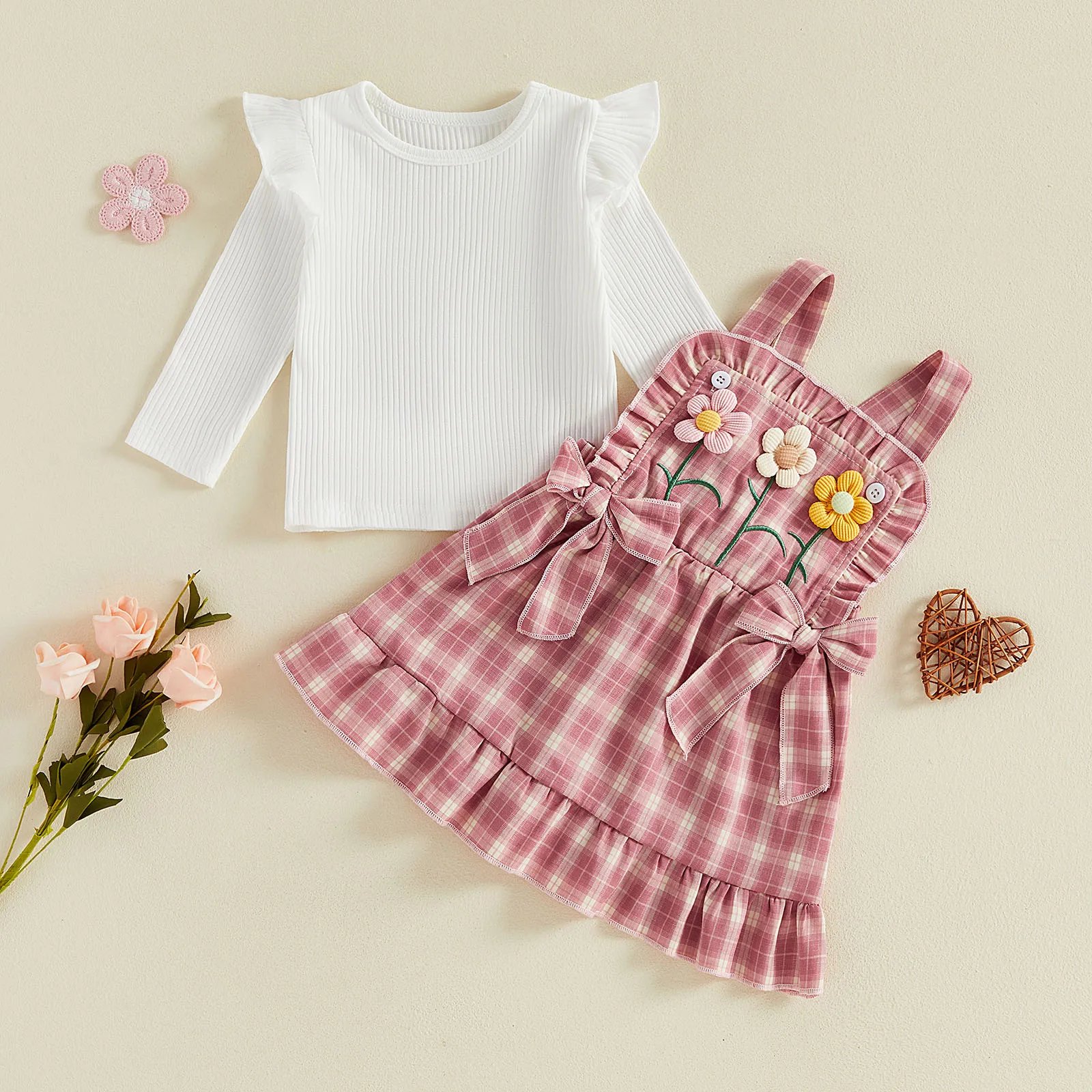 1-4Y Toddler Baby Girl Fall Outfit Long Sleeve Ribbed T shirt Tops with Plaid Suspender Dress Autumn Children's Sets
