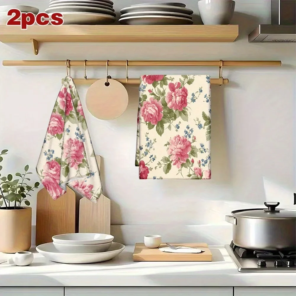 2-Pack Rose Bouquet Pattern Design Kitchen Towels, Dish Towels, Hand Towels, Holiday Decoration Hand Towels, Soft Absorbent Drying Cloth, Kitchen Decoration, Table Decoration, Kitchen Supplies, Home Decoration, Spring and Summer Floral Designs