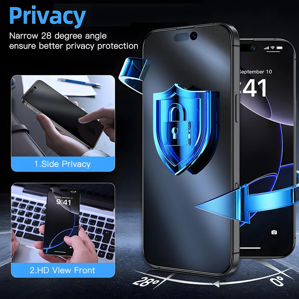 3-1 piezas instalación sin polvo protector de pantalla privacidad para iPhone 16 14 13 12 11 15 17 Pro Max vidrio anti-espía 3