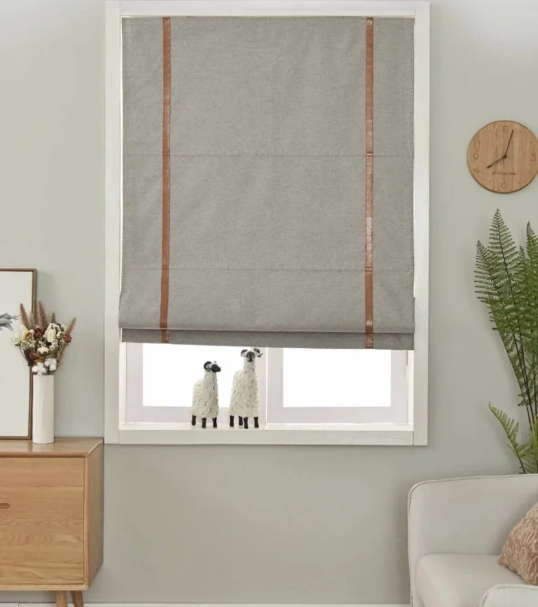 

Modern Cotton Linen Grey With Cofee Feather Trims Roman Blinds Motorized Electric Smart Wifi Customized Window Shade