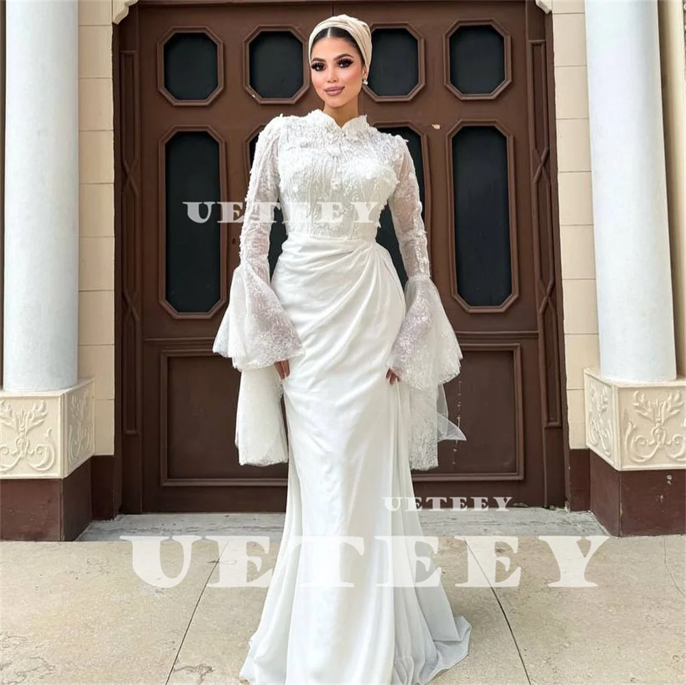 UETEEY Customized Muslim High Neck Lace Long Flare Sleeves Mermaid Wedding Dress Women Pleats Floor Length vestidos de novia