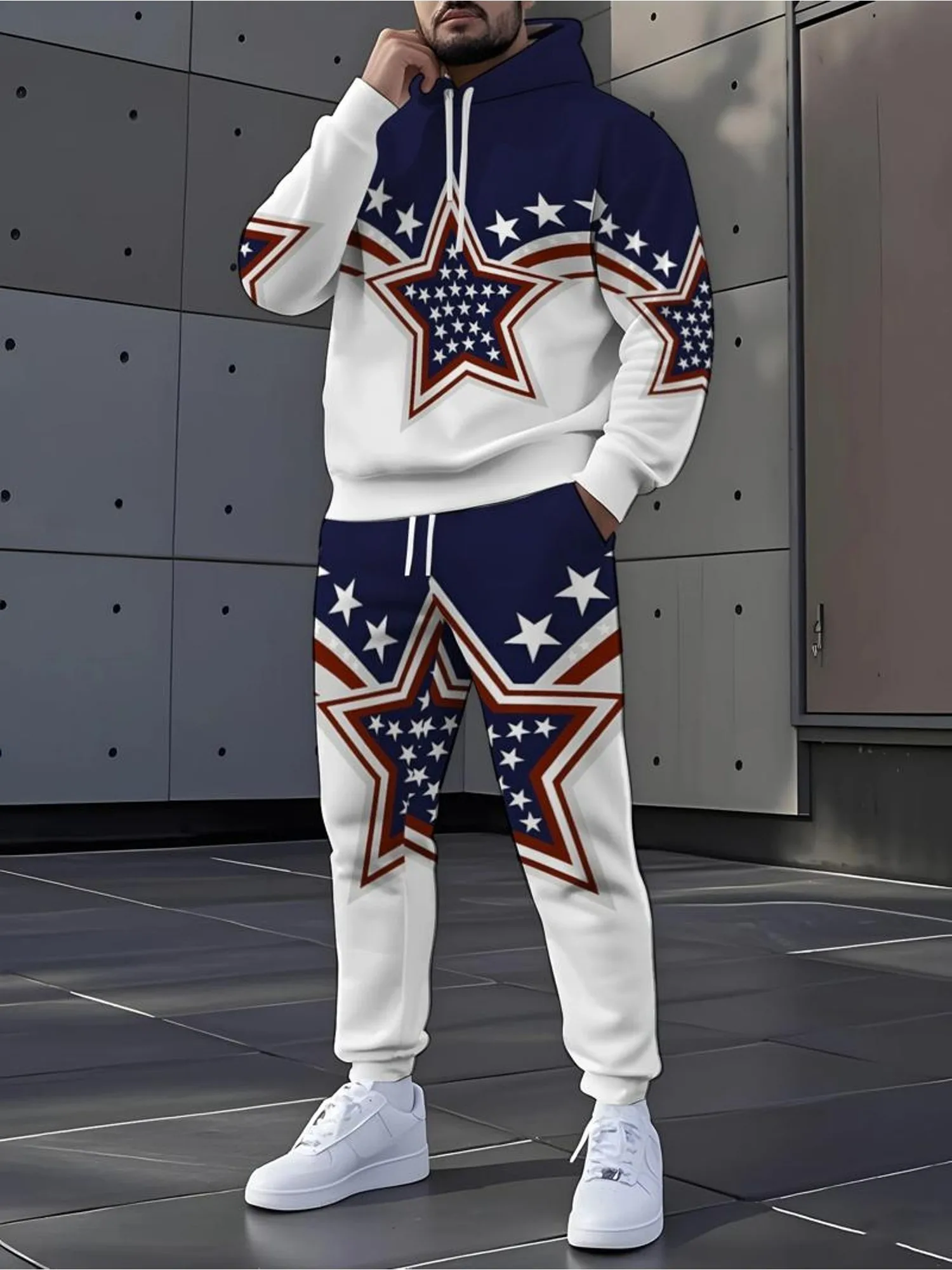 2026 Autumn/Winter New Street Fashion Leisure Versatile Comfortable 3D Five pointed Star Pattern Printed Men's Hoodie Set
