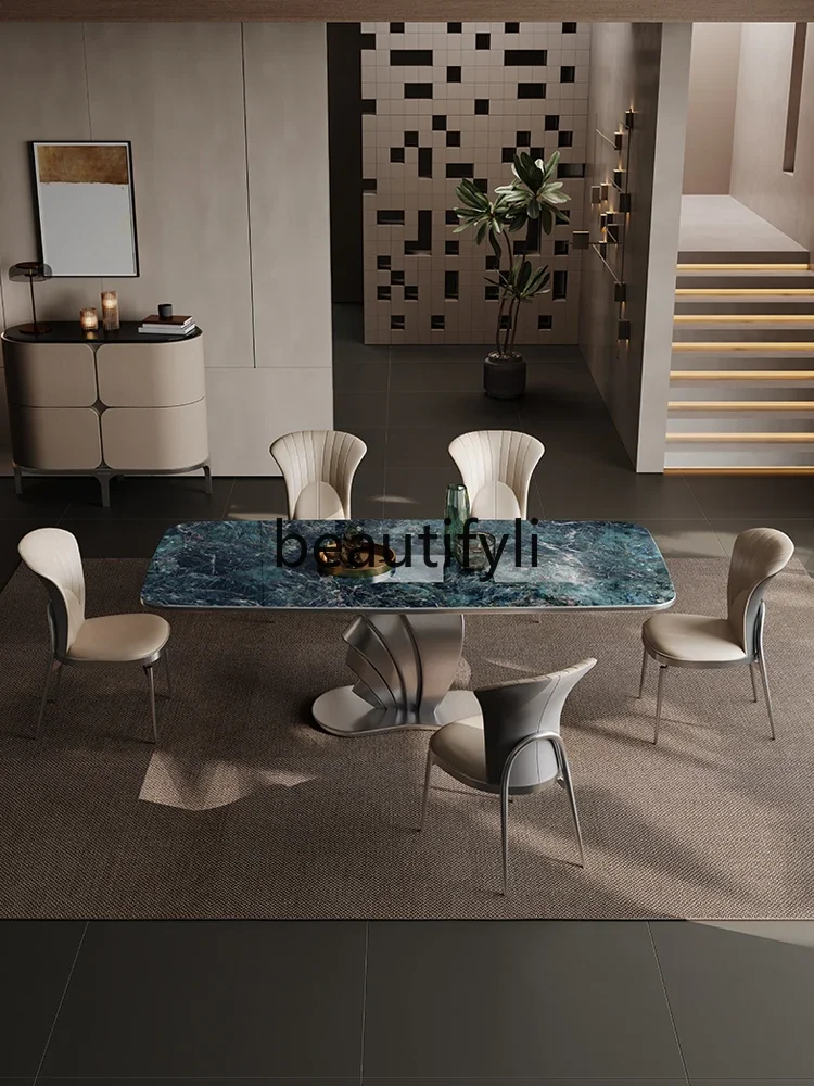 

Italian rock slab dining table, modern simple villa, high-end rectangle of microcrystalline stone
