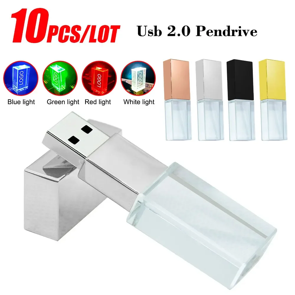 10PCS LOT Transparent Glass USB 2.0 Flash Drive Pen Drives 4GB 16GB 32GB 64GB 128GB Creative Business Gift Pendirve Memory Stick