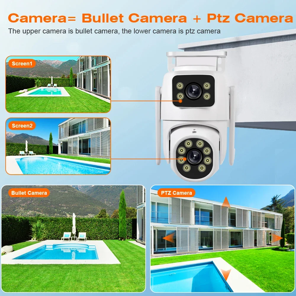 Telecamera IP di sicurezza wireless esterna 4K 8MP HD Dual Lens Telecamera PTZ esterna Wifi Telecamera di sorveglianza stradale con tracciamento automatico iCsee