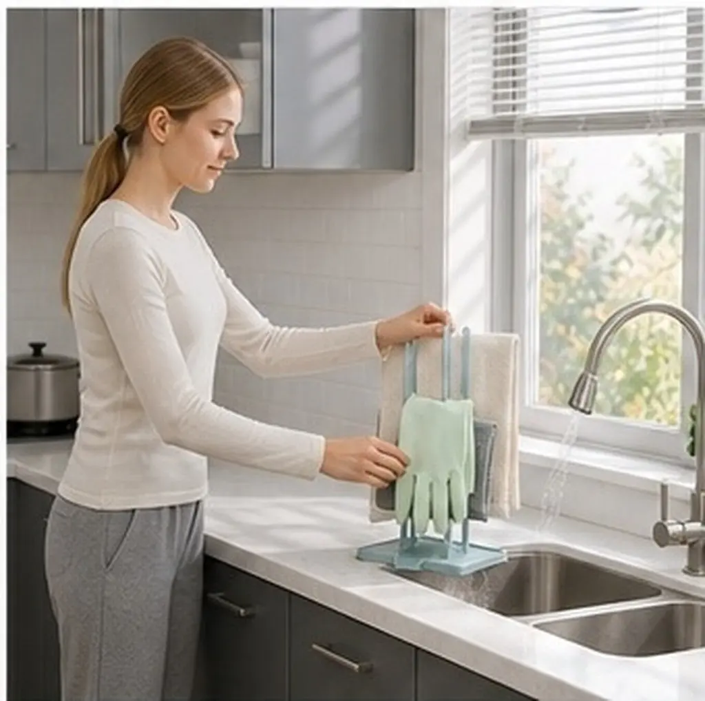 Multi-Functional Drain Rack Kitchen Blue Rubber Gloves Holder Dish Cloth Storage Rack Sink Side Drying Organizer Household