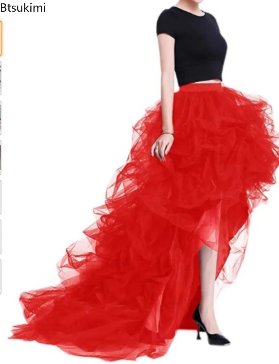 Women's High Waist High Low Layered Tulle Floor Length Spectial Occasion Skirt Split Skirt A-Line Puffy Mesh Skirt for Wedding