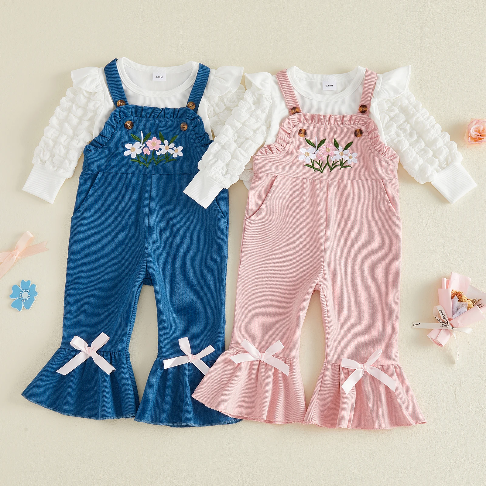 2026 Autumn Little Girls Fall Outfits Toddler Baby Long Puff Sleeve O Neck Tops Corduroy Floral Embroidered Overalls 2Pcs Sets