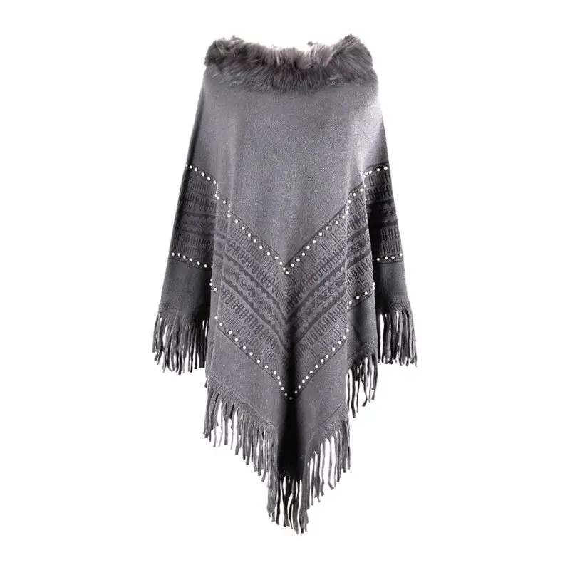 

Womens Plush Collar Knitted Pullover Sweater Top Fringe Tassel Shawl Wrap Faux Pearl Beading Geometric Striped Cape P8DB