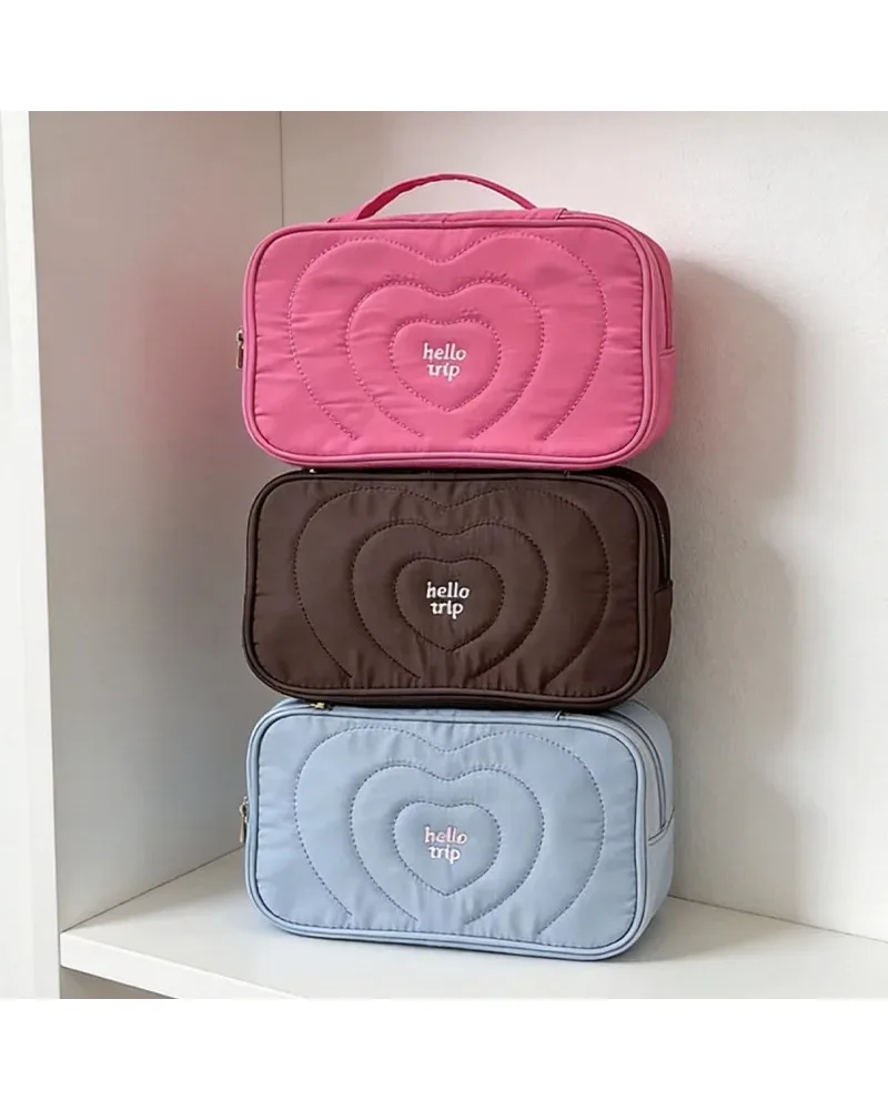 INS Style Blue Heart Embroidered Cosmetic Bag Korean Style Roomy Layered Travel Toiletry Organizer