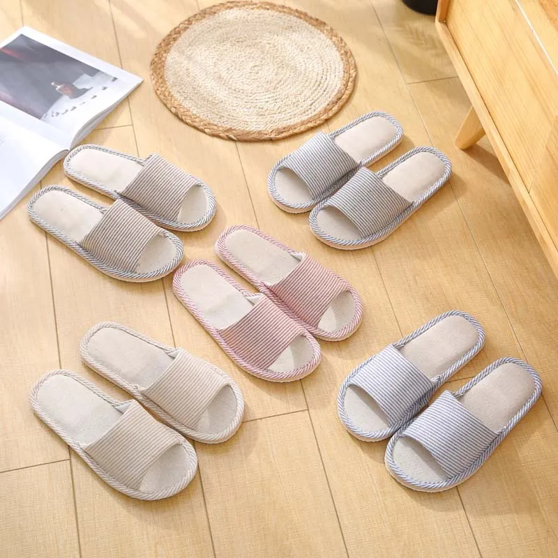 2026 New Four Seasons Linen Slippers Striped EVA Anti slip Indoor Floor Shoes Couple Casual Home Slippers For Men Women