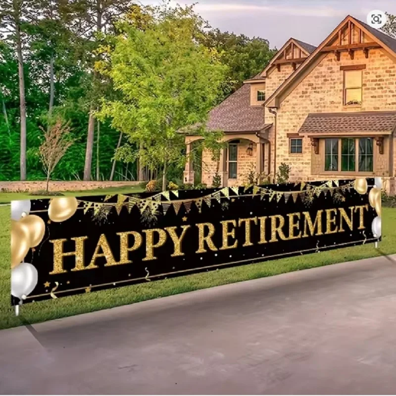Happy Retirement Decorating Banner Black And Gold Retirement Background Marks Retirement Party Decor Backdrop Hanging Home Decor