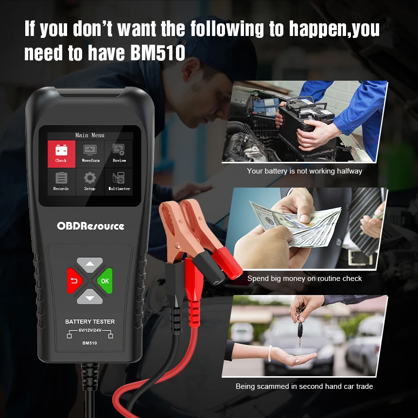 

OBDResource BM510 тестер автомобильного аккумулятора 6 В 12 В 24 В 100-2000 CCA тестер нагрузки аккумулятора анализатор аккумулятора диагностический инструмент