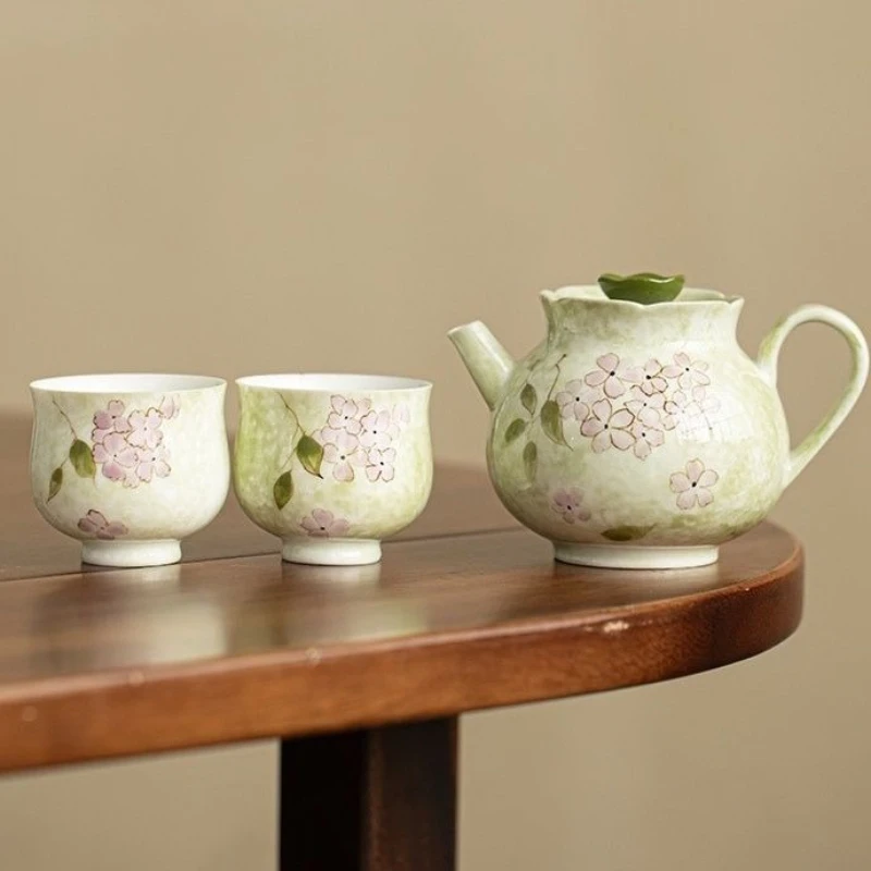 

Hand-painted Hydrangea Ceramic Tea Set One Teapot with Two Cups Ceramic Gongfu Tea Set Exquisite Teapot Ensemble