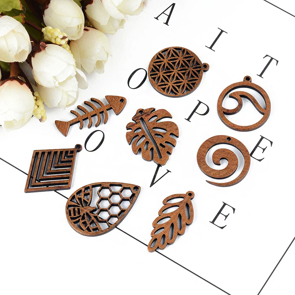 6pc/lot Fish/Flower shape Wood Pendant Resin Plate Pendants Jewelry Accessory Handmade Connector DIY Earring Component for Women