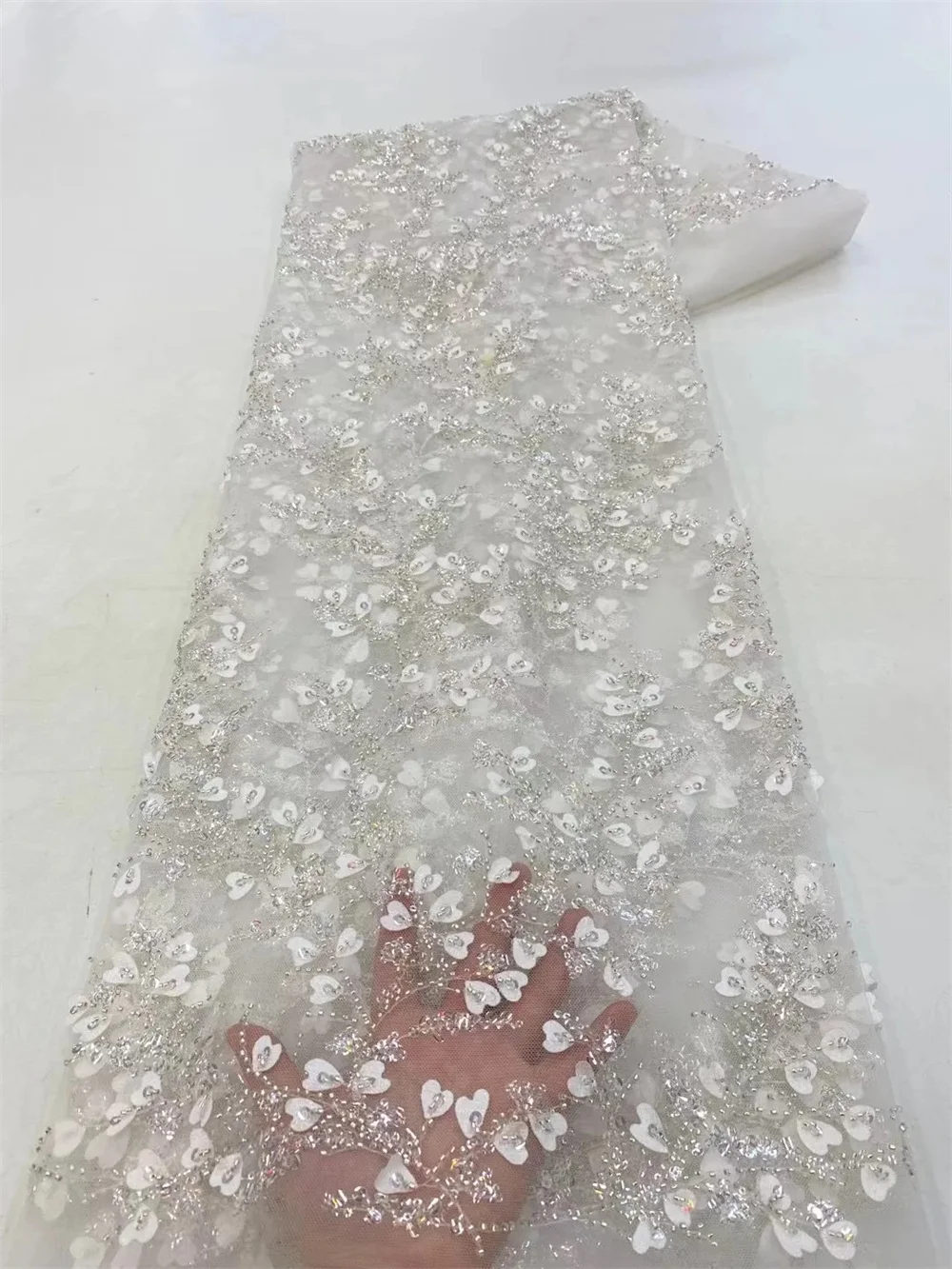 African Sequins Lace Fabric 2026 High Quality Embroidery Handmade Sequence Beaded Lace Fabric For Bridal Material