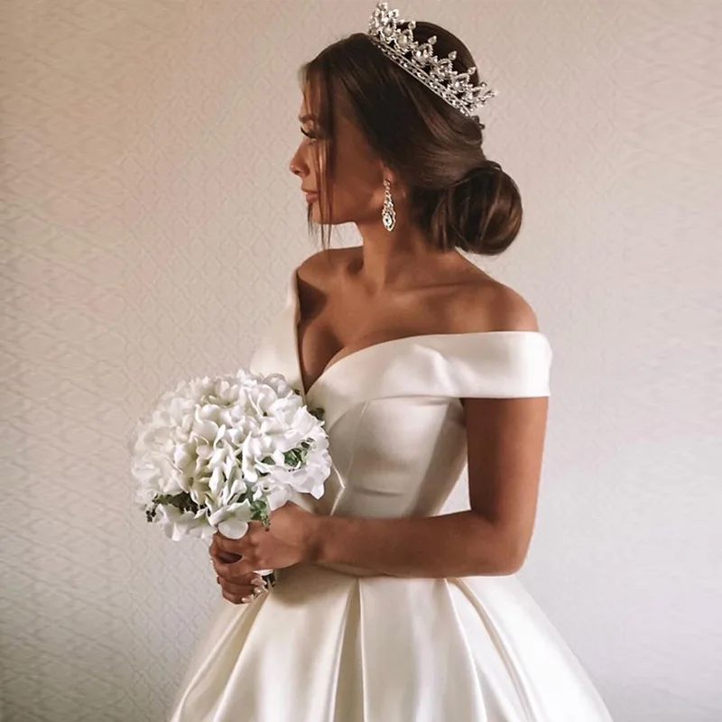 Customized Ball Gown Satin Wedding Dresses Off Shoulder V-Neck Bridal Gowns Formal Vestido De Noiva robe de mariée Abendkleider