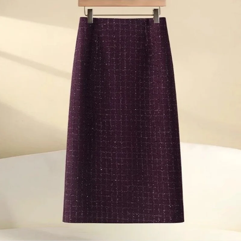New Fashion Bright Silk Tweed Women's Skirt High Waist Slim Fit A-Line Split Woolen Midi Skirts Office Lady Elegant Jupe