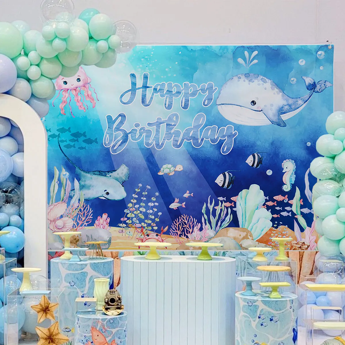 Under The Sea Theme Photography Backdrop Summer Ocean Underwater Background Aquarium Whale Octopus Birthday Party Decoration